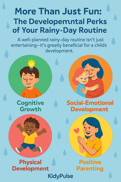 Infographic titled ‘More Than Just Fun: The Developmental Perks of Your Rainy-Day Routine’ showing cognitive, social-emotional, physical, and parenting benefits.