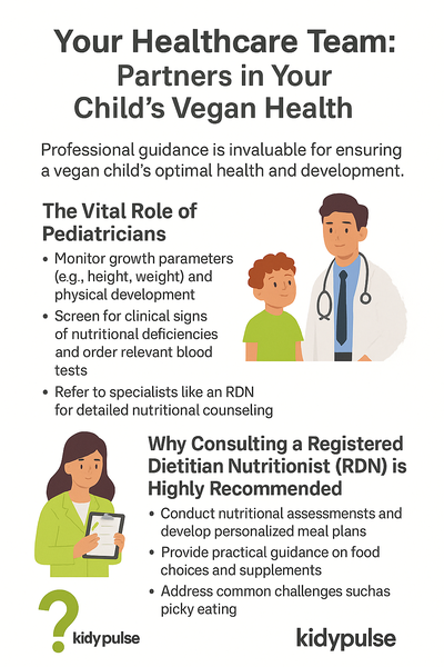 Infographic on how pediatricians and dietitians support vegan kids’ health, with illustrations and “KidyPulse” written at the bottom.