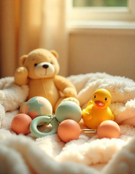 babt ratlles and toy bear children toys in bed