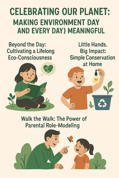 Celebrating Our Planet" showing kids engaging in eco-friendly actions like reading about nature, turning off lights, and exploring outdoors with a parent.