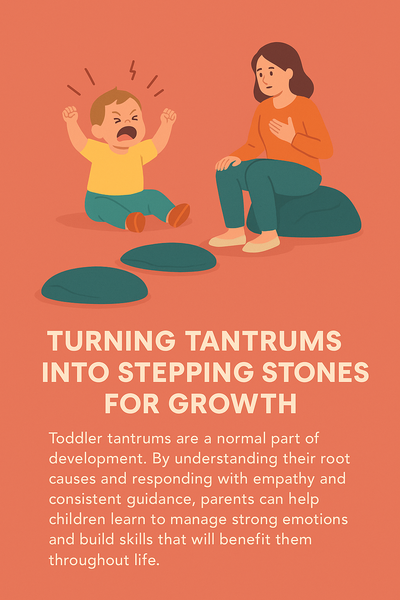 A colorful flat-style infographic titled "Turning Tantrums into Stepping Stones for Growth" showing a calm parent comforting a crying toddler, surrounded by icons representing emotional regulation strategies like deep breathing, choice-making, and positive modeling.