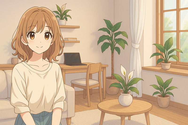 Anime-style illustration of a peaceful living room with a smiling girl, indoor plants, wooden furniture, and warm natural light creating a cozy, calm atmosphere.