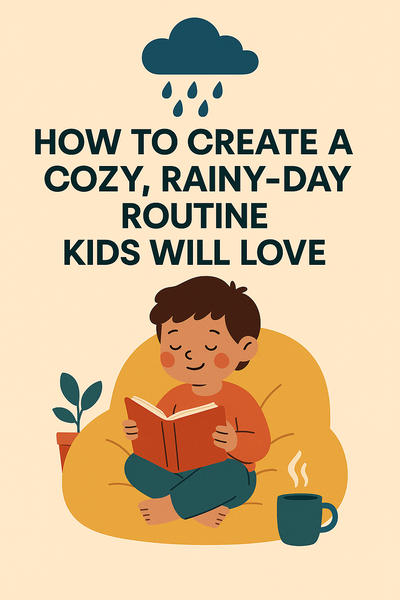 Child sitting on a bean bag reading a book with rainy weather icons and the blog title ‘How to Create a Cozy, Rainy-Day Routine Kids Will Love