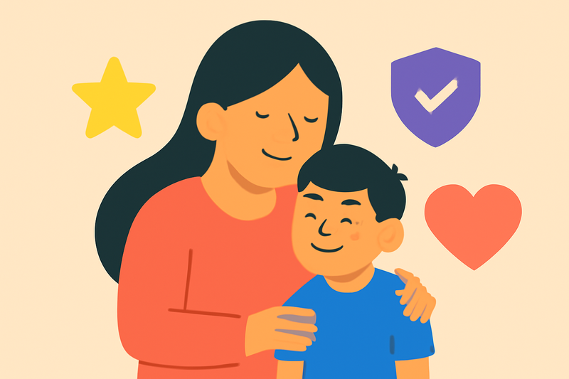 Illustration of a mother and son with icons of a star, shield, and heart.
