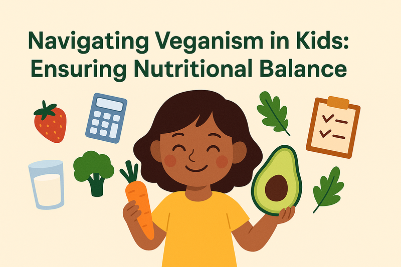 Featured image showing a smiling child holding a carrot and avocado with the title “Navigating Veganism in Kids: Ensuring Nutritional Balance” and plant-based food icons around.