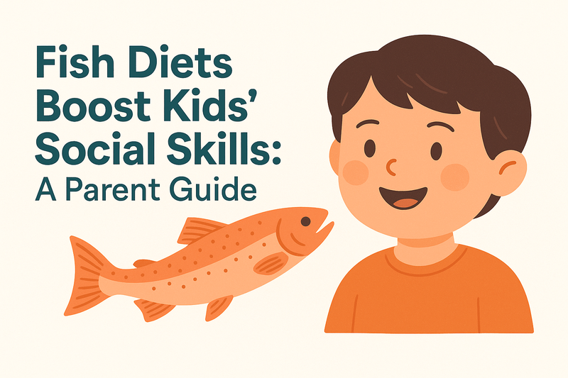 Featured image with the title "Fish Diets Boost Kids’ Social Skills: A Parent Guide" showing a smiling child in an orange shirt facing a salmon fish, on a light background.