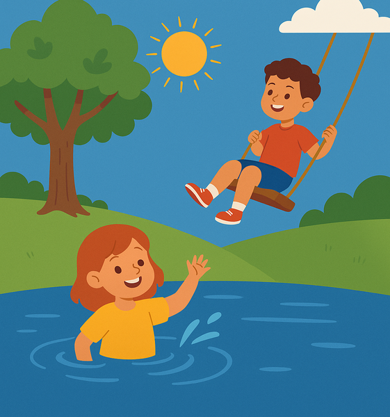 Illustration of children enjoying summer activities — a boy swings under a tree while a girl splashes in a pond under a sunny sky.