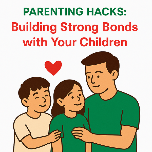 Colorful illustration of a father with two children smiling, with the title “Parenting Hacks: Building Strong Bonds with Your Children” on a white background.