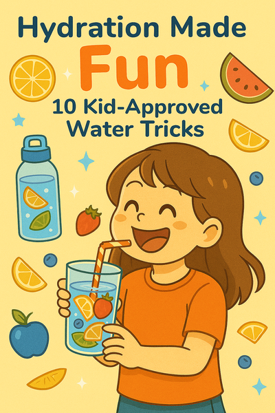 Happy child drinking flavored water with colorful fruits and a smile