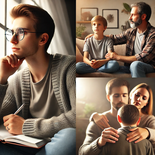 A thoughtful adult reflecting on their childhood experiences, a supportive parent comforting a child, and an individual setting personal boundaries for emotional well-being.