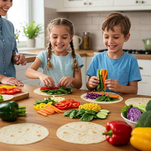 Kids making rainbow vegetable wraps