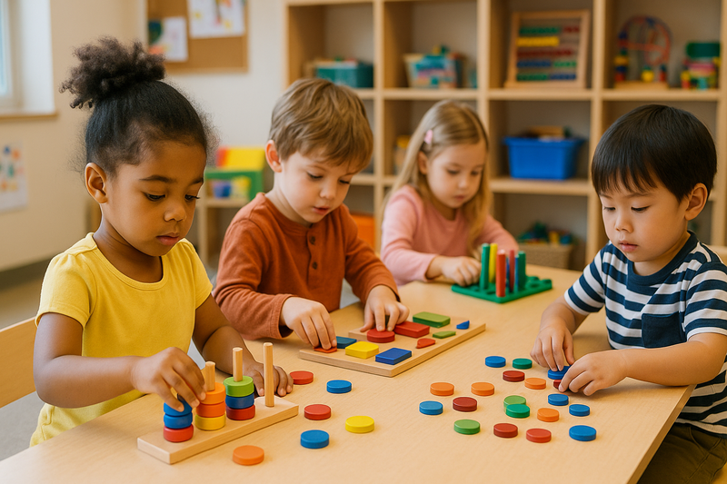 Young children engaging in interactive learning activities, building foundational skills for early education success.